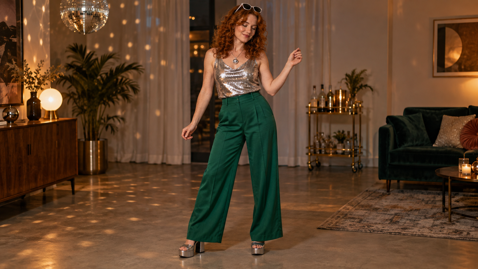 Silver and Jewel Tone Disco Dancer Costume with Silver Top and Emerald Trousers